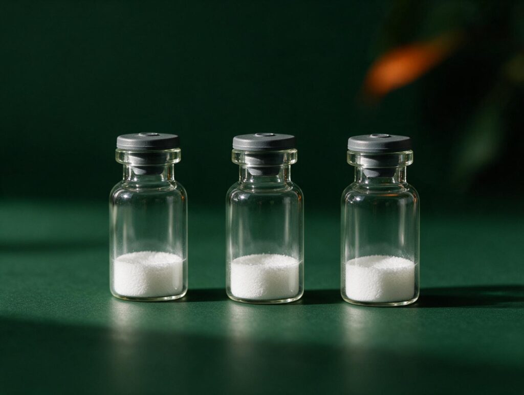 Three glass vials of white lyophilised powder with crimped aluminium caps, standing on a dark green surface