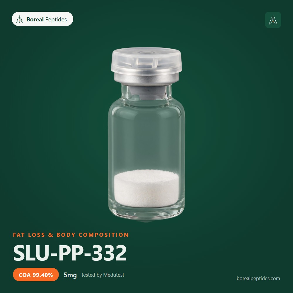 slu-pp-332-featured SLU-PP-332 research peptide vial, 5mg, 99.40% purity third-party tested by Medutest, Boreal Peptides Canada