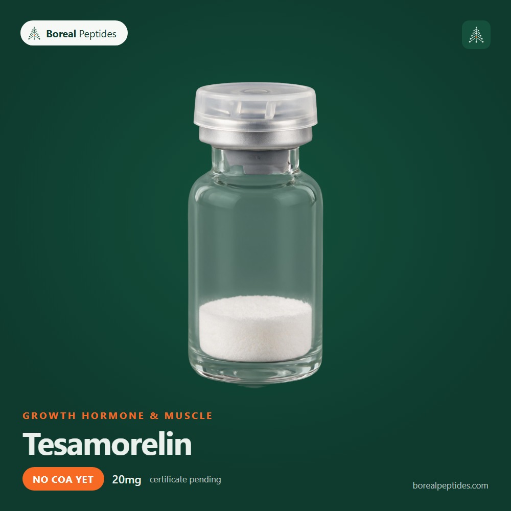 tesamorelin-featured Tesamorelin research vial, no certificate yet, Boreal Peptides Canada