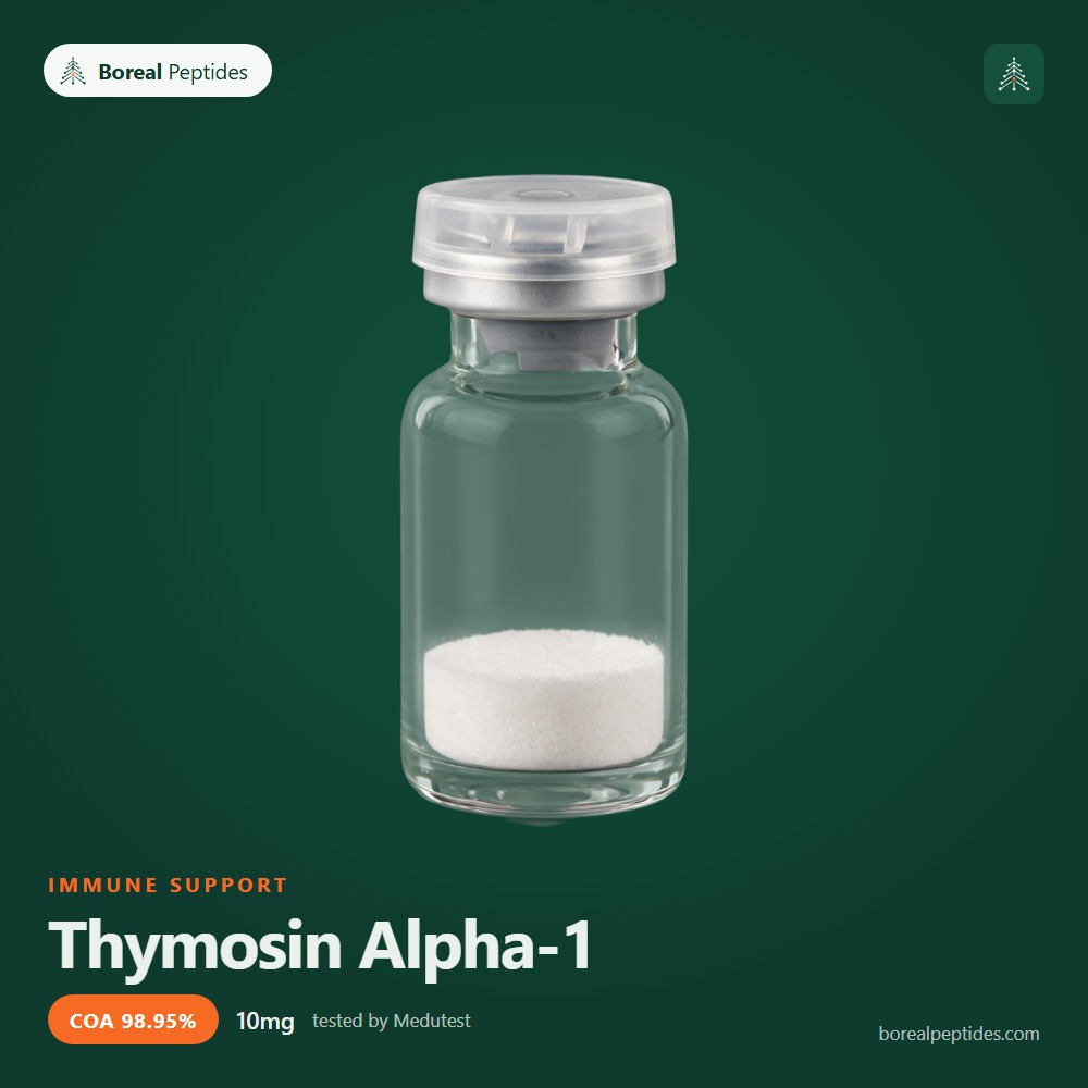 thymosin-alpha-1-featured Thymosin Alpha-1 research peptide vial, 10mg, 98.95% purity third-party tested by Medutest, Boreal Peptides Canada