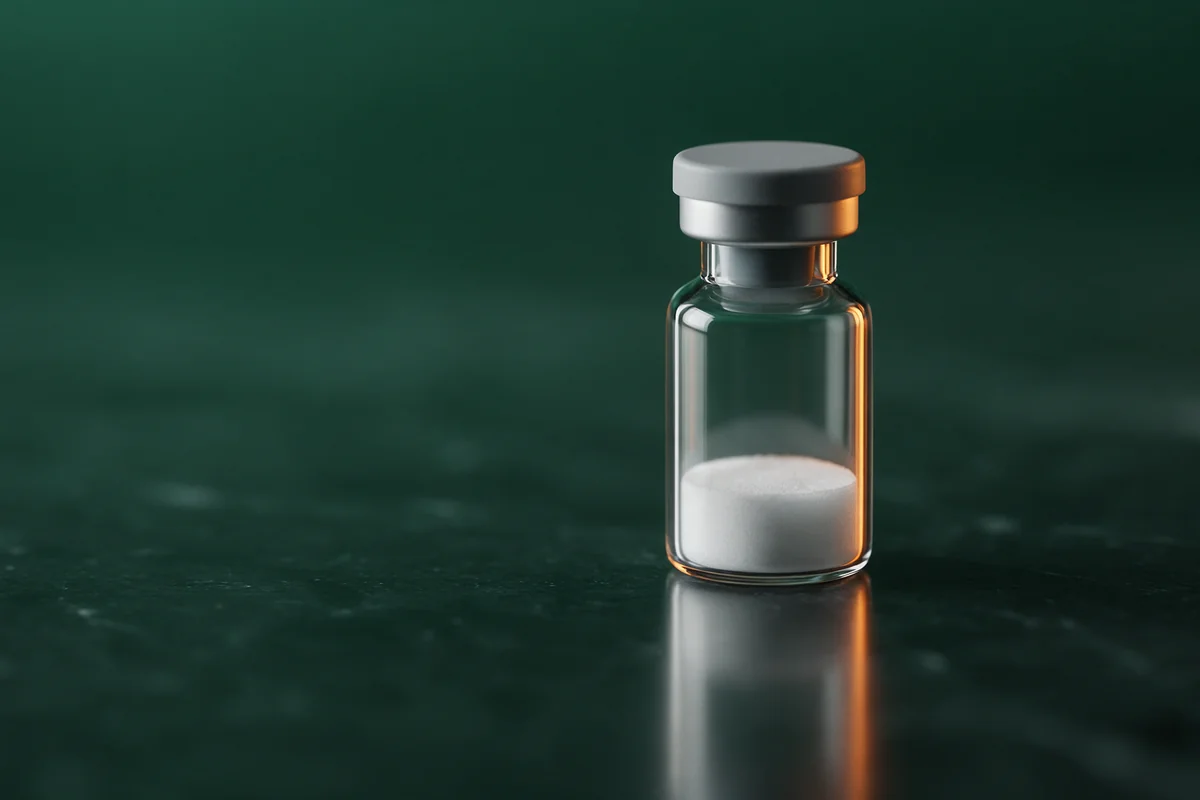 A sealed glass vial of white freeze-dried powder on a dark green surface