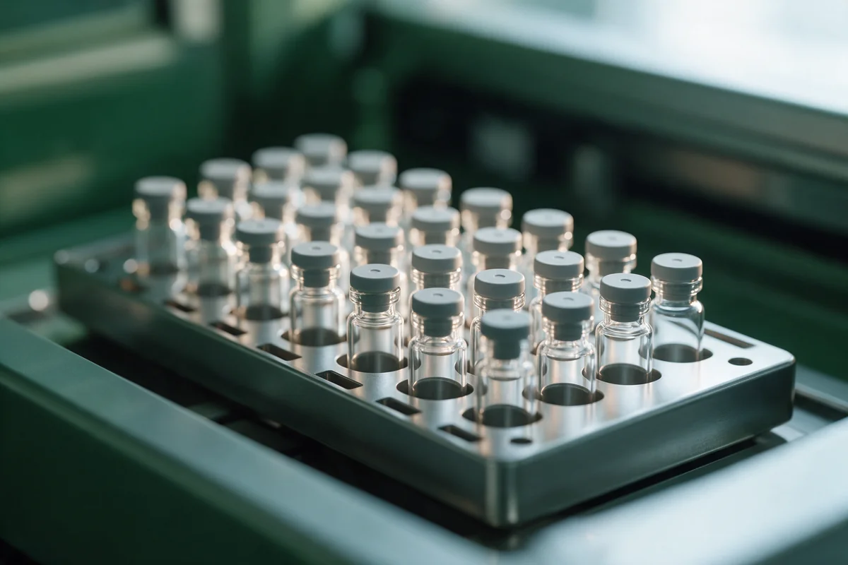 Close-up of small glass sample vials in an instrument tray, the kind used for HPLC testing