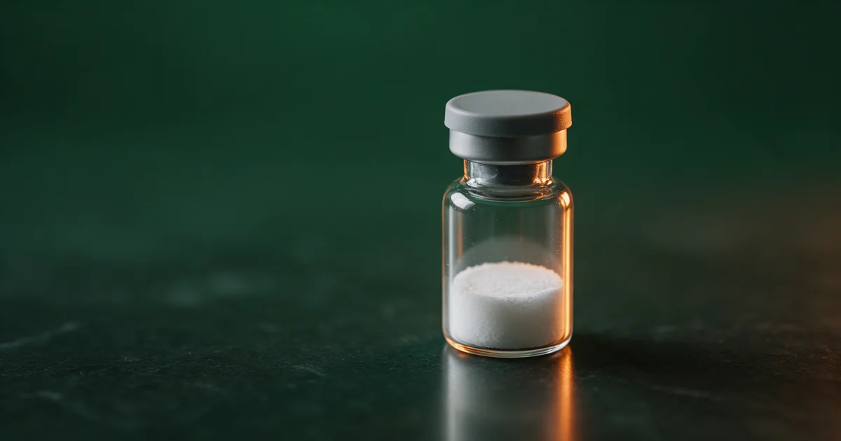 A clear glass research vial containing freeze-dried BPC-157 peptide powder on a dark green surface.